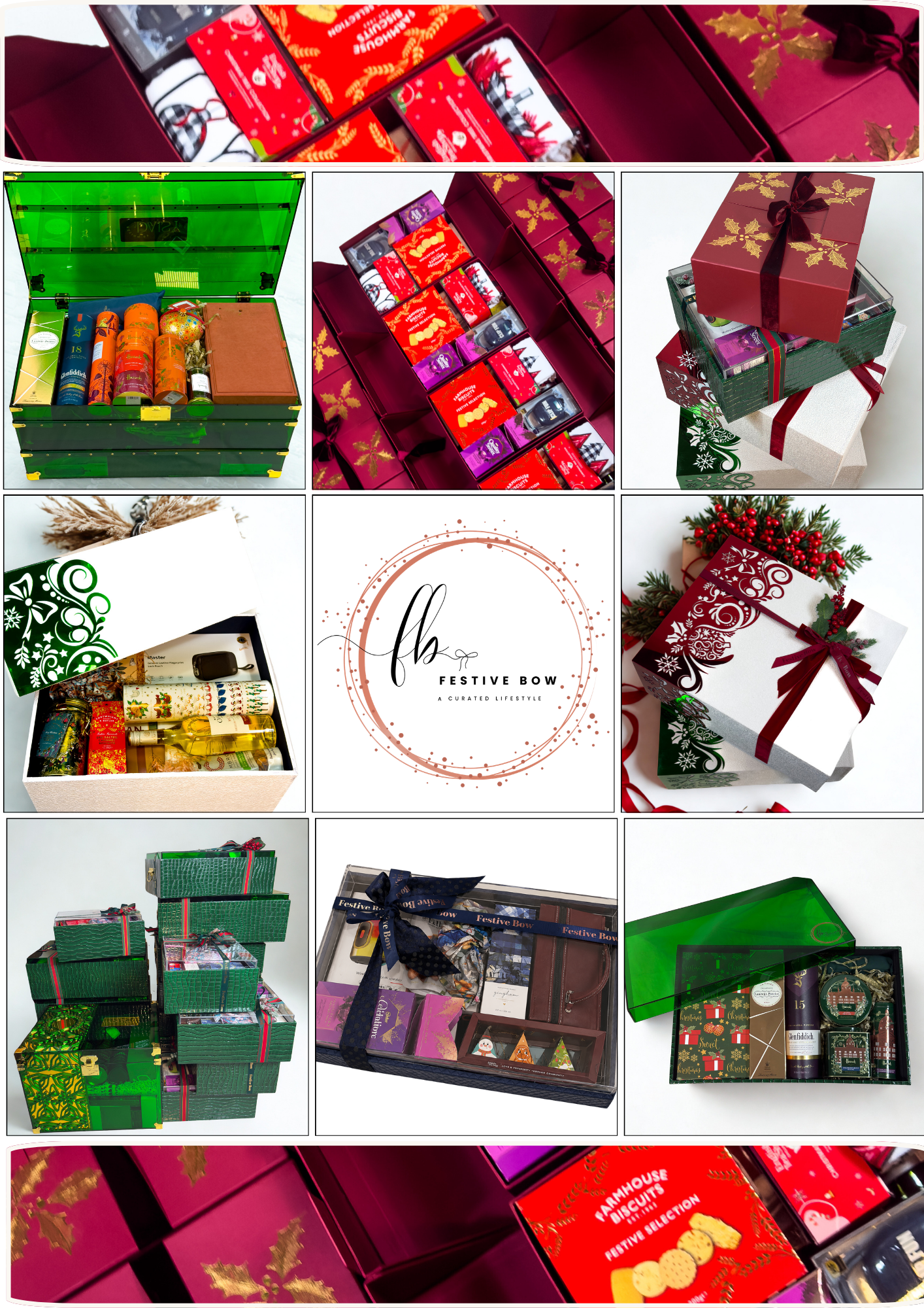 A collage of Festive Bow hampers and packaging detail