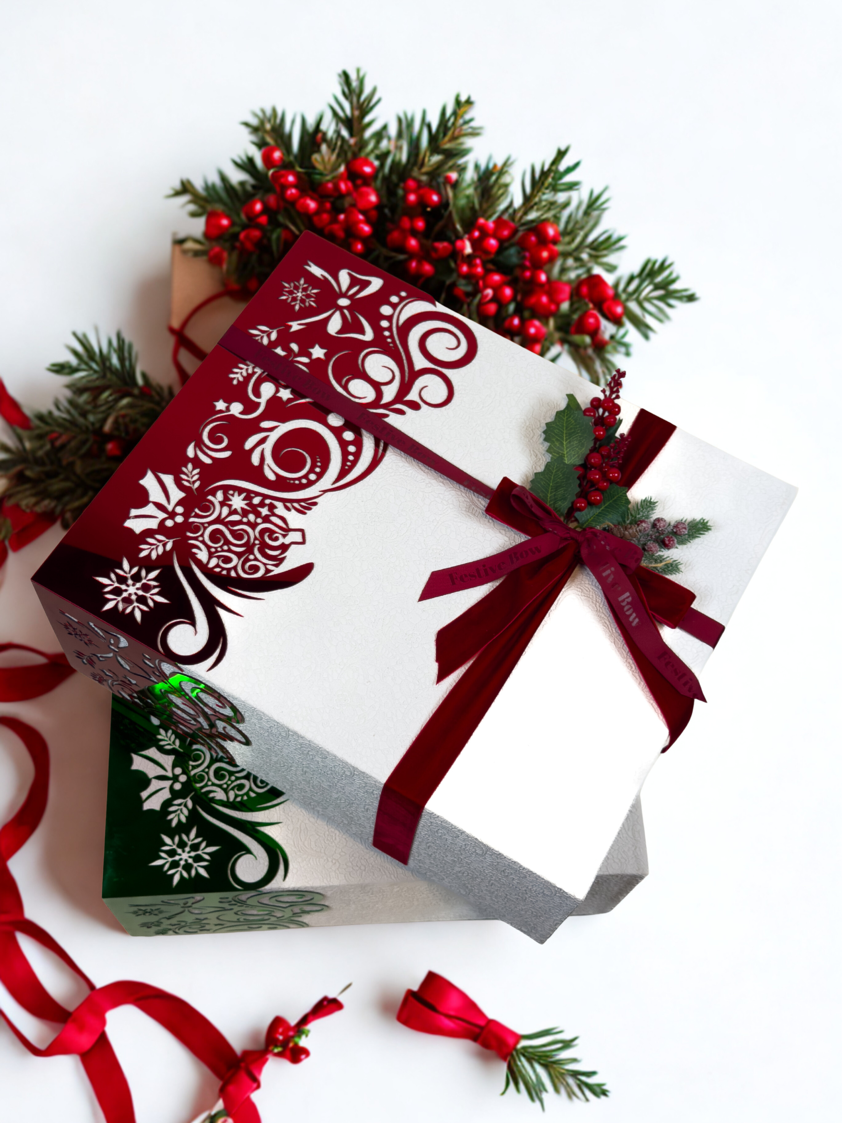 Festive Bow hamper, wrapped in a burgundy ribbon with holly and berries
